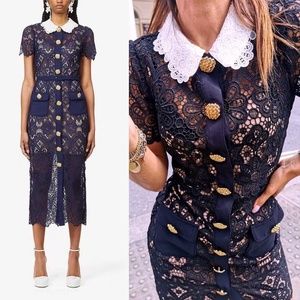 SELF PORTRAIT Collared Floral Guipure Belted Midi Dress